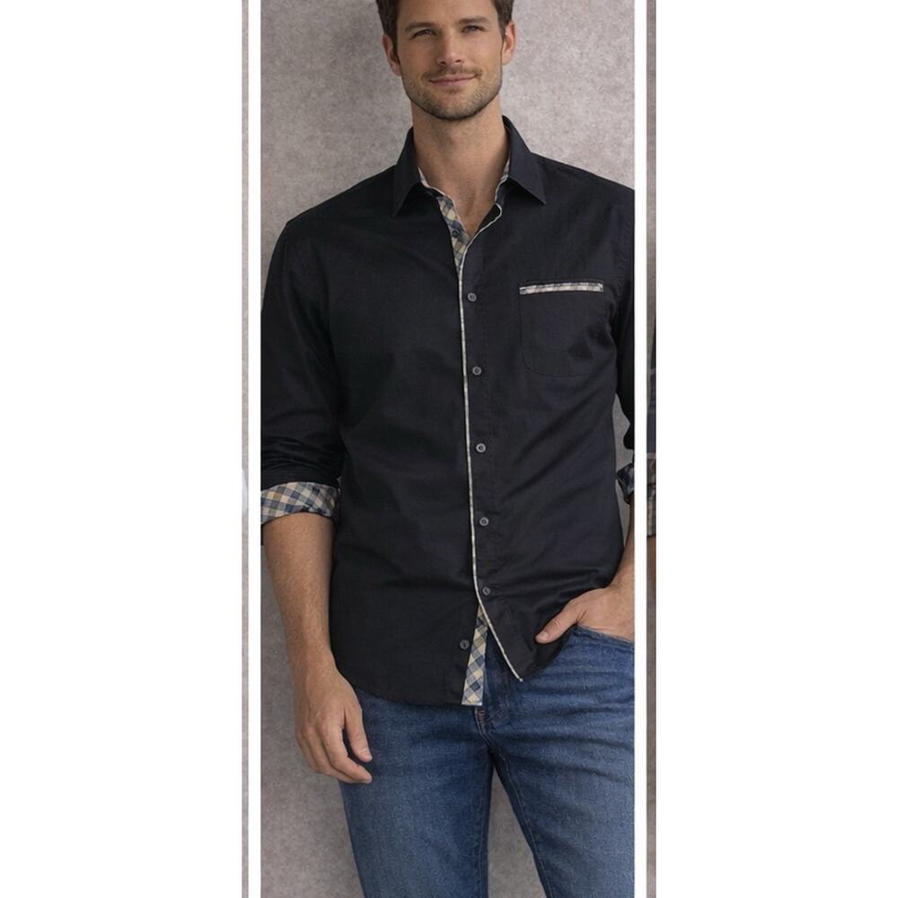 Toms Ware Black Button Down Shirt Men XL Contrast Trim Casual Stretch